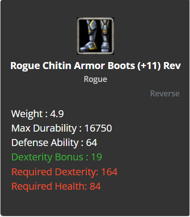 Rogue Chitin Armor Boots +11 (Reverse)